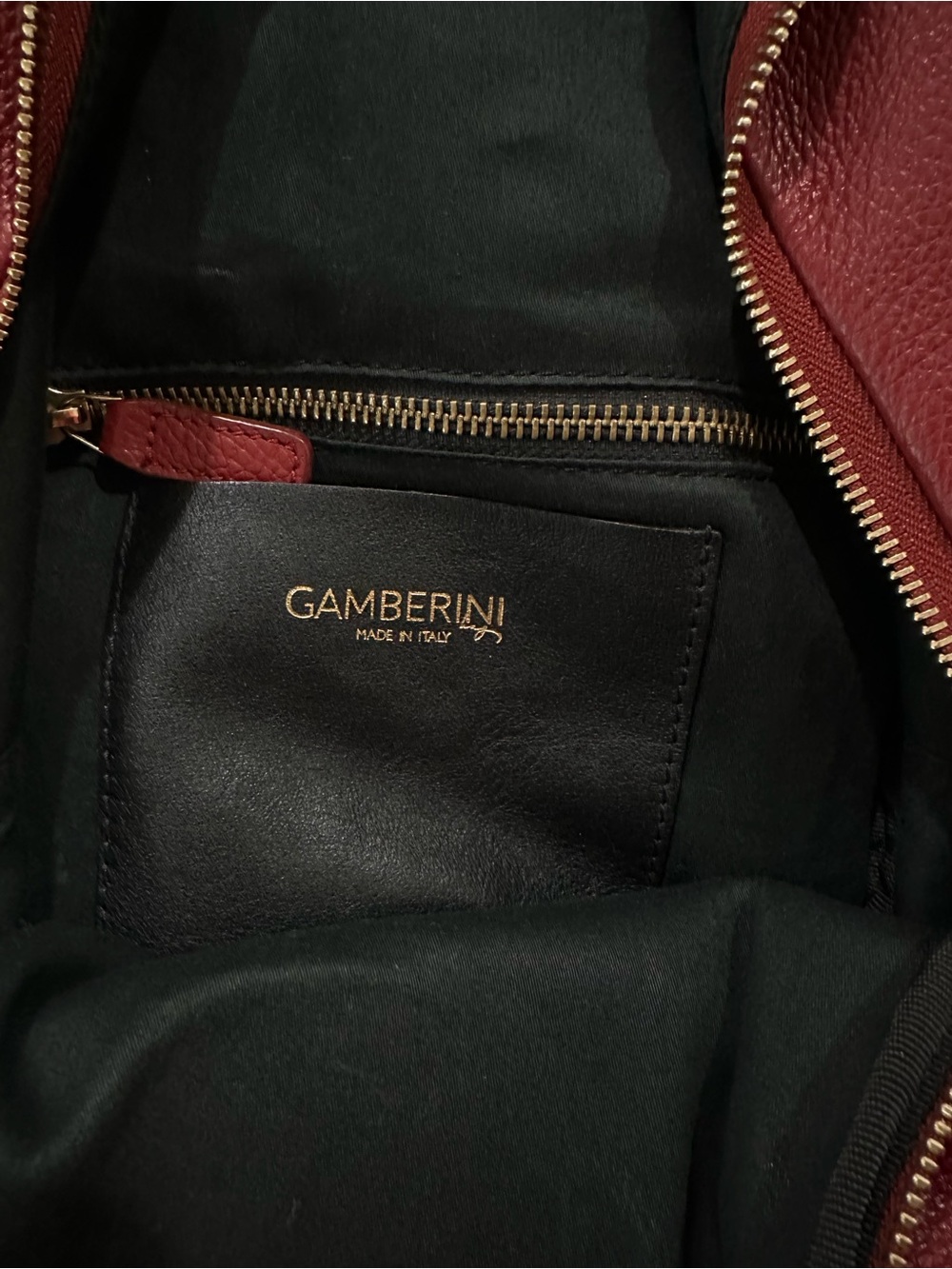 Gamberini Leather Backpack in Burgundy Red and Black with gold detailing